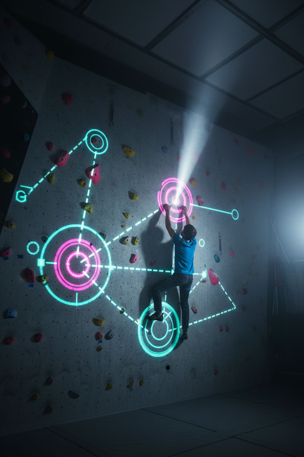 Climber reaching for a glowing target projected onto a ValoClimb augmented climbing wall
