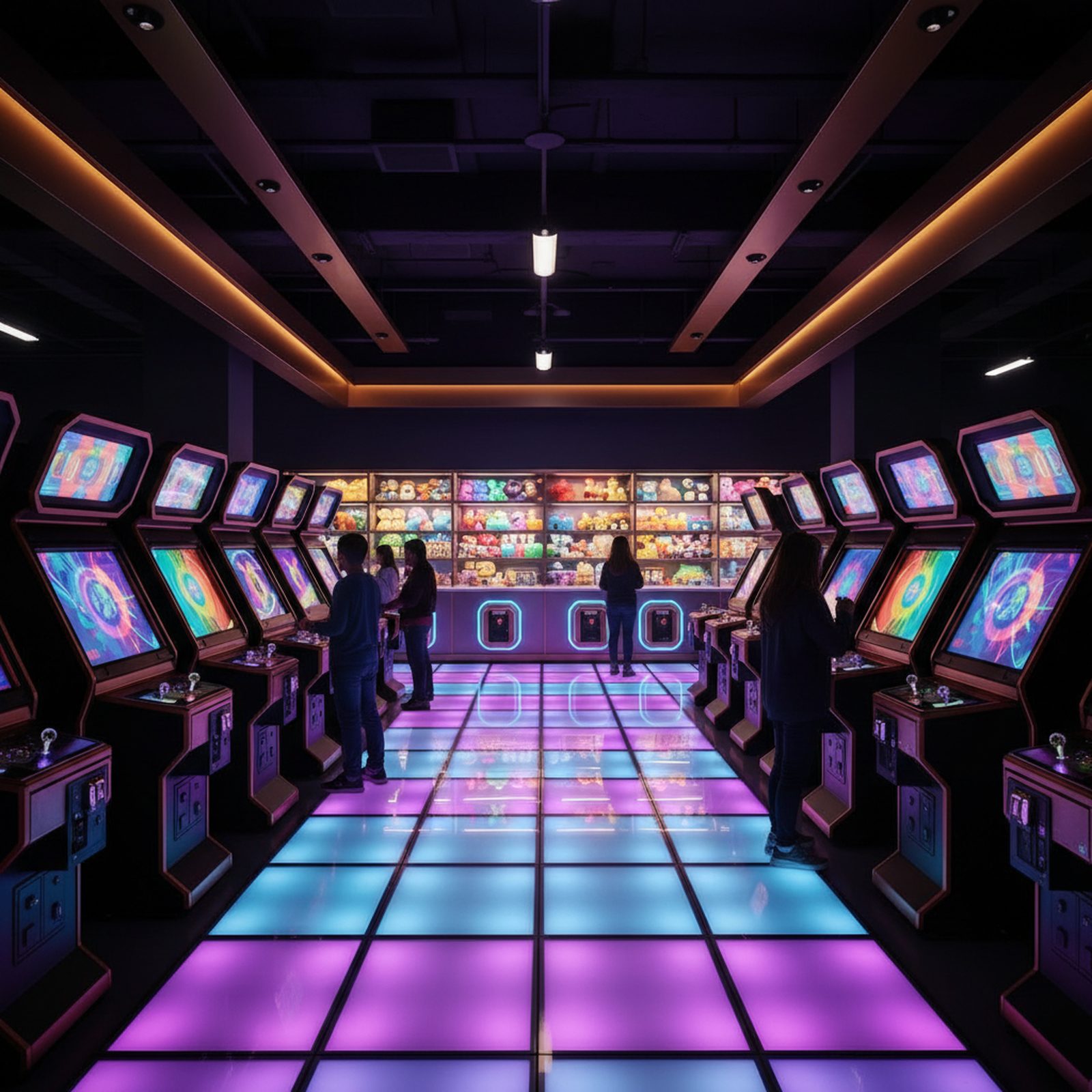 Rows of glowing arcade cabinets with a prize-redemption counter of plush toys in the background