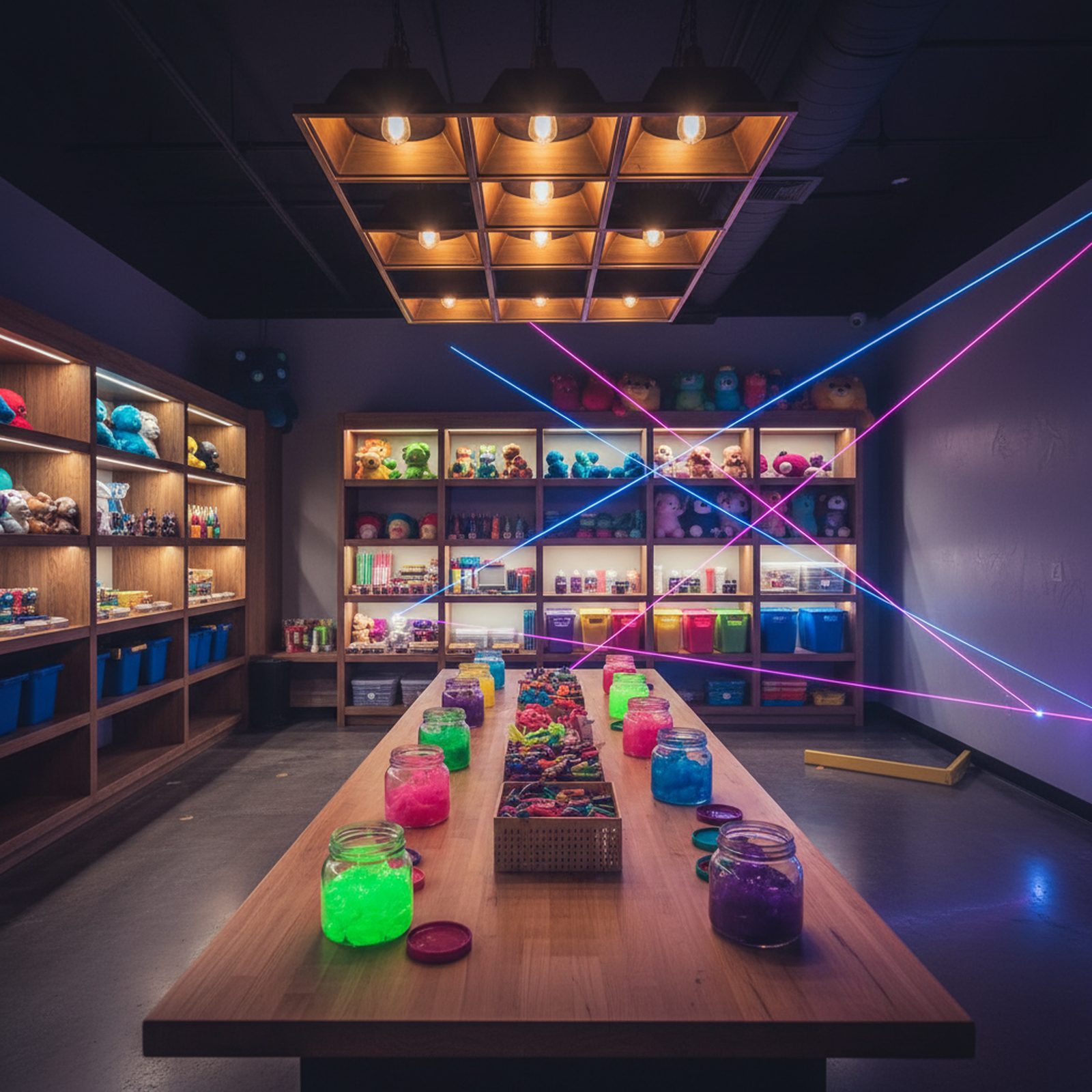 Creation Zone maker studio with jars of glowing colorful slime, a plush-building station and laser-light beams