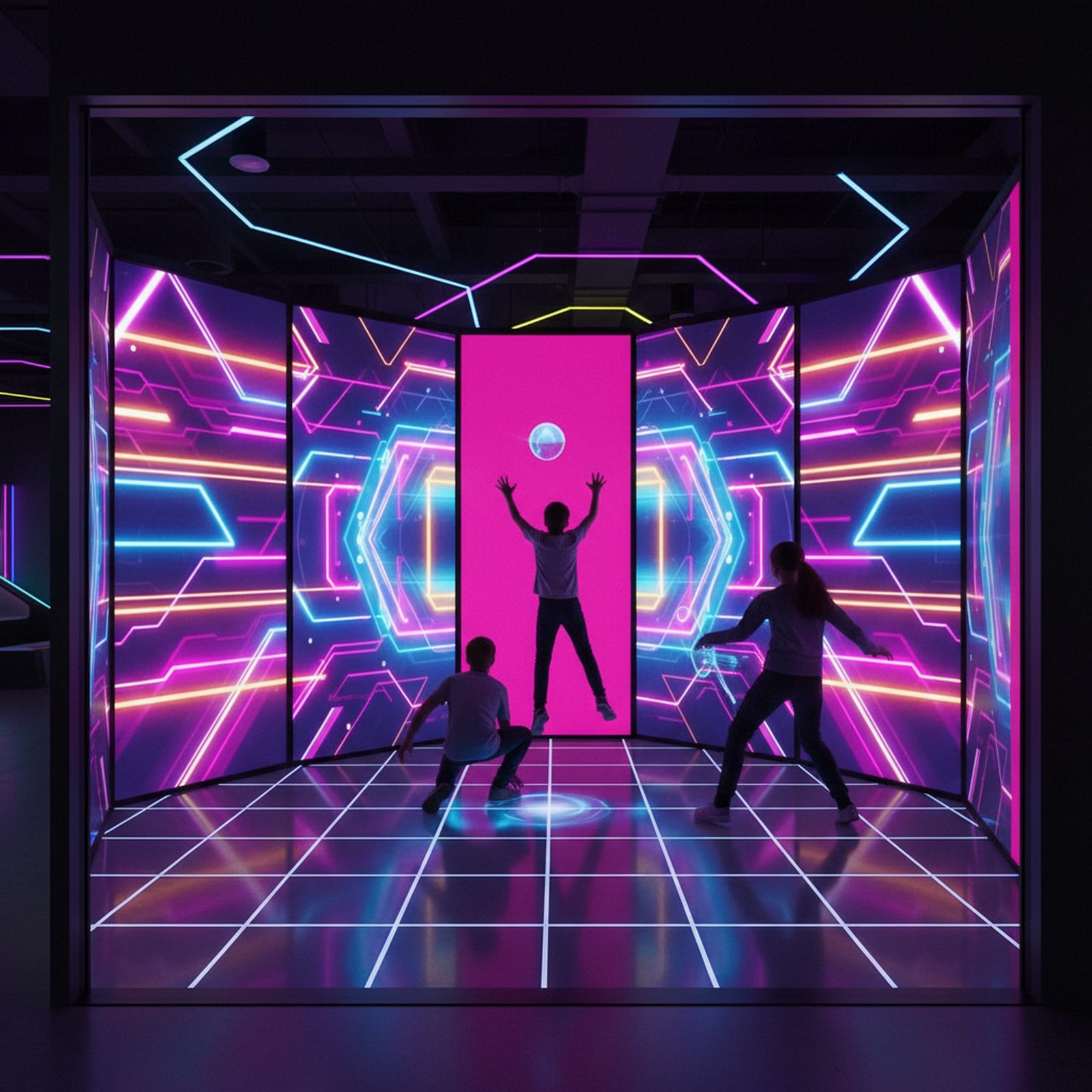 Players jumping to interact with game graphics on the wraparound screens of the ValoArena mixed-reality arena