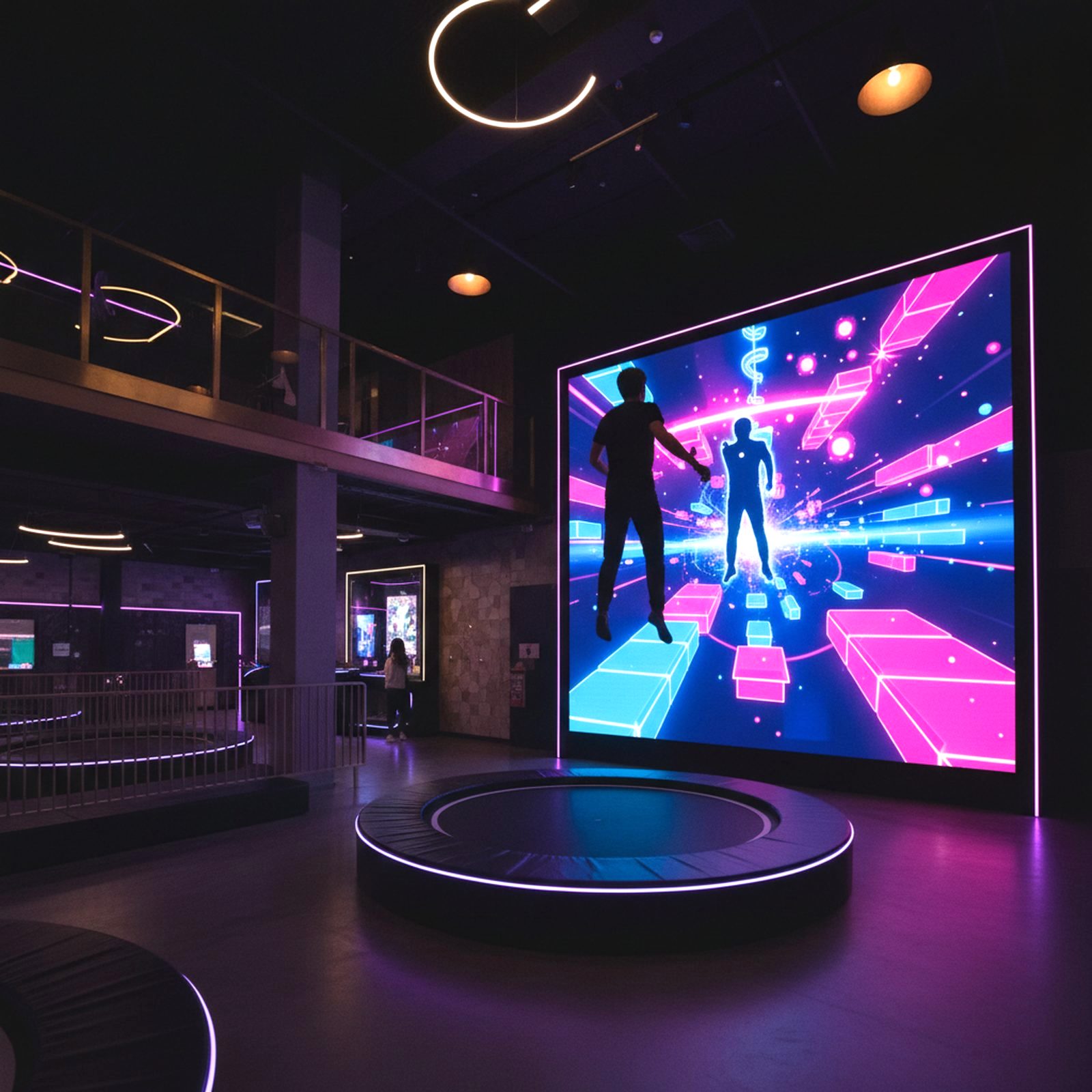 Jumper mid-air on a ValoJump trampoline, mirrored inside the video game on the big screen