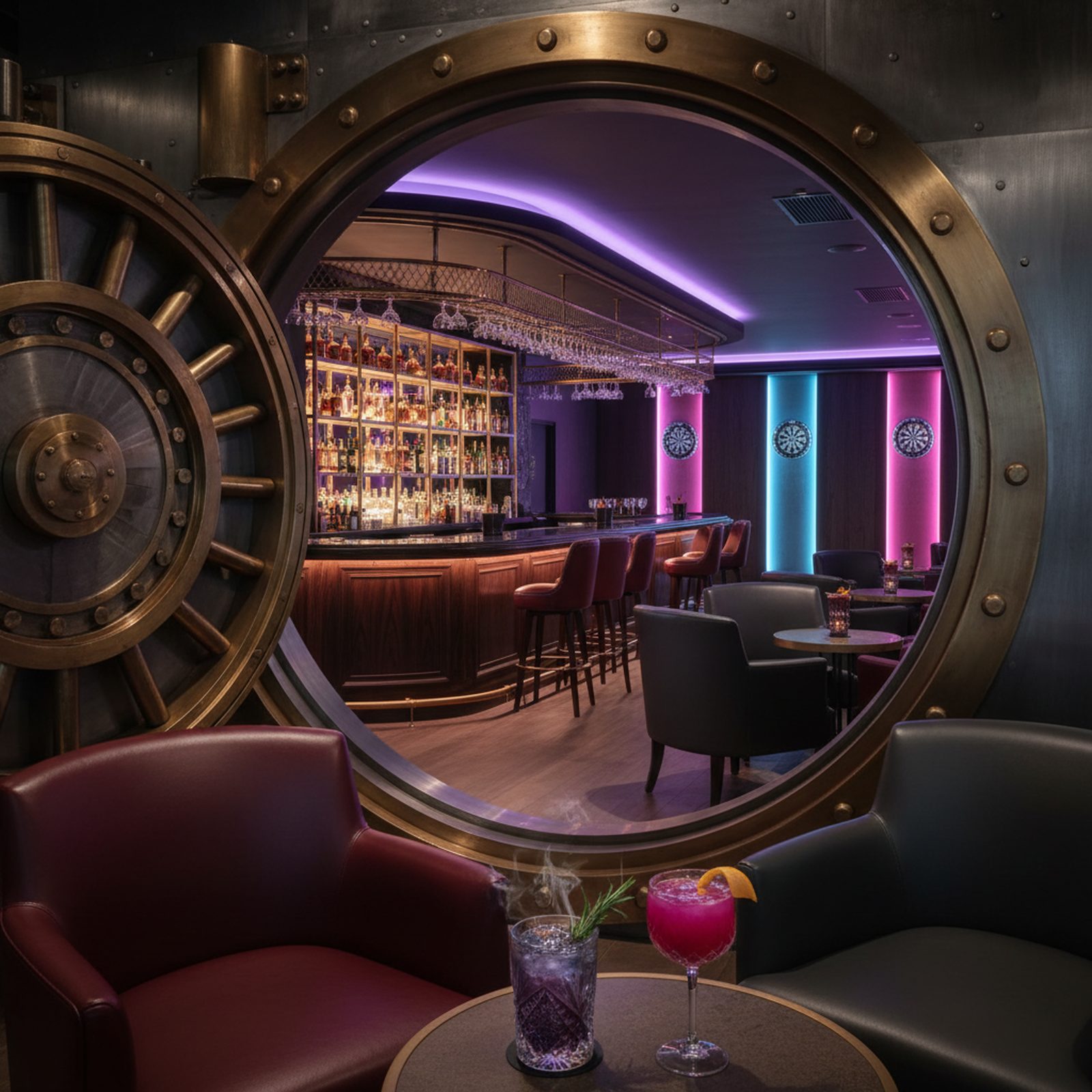 The Vault 21-and-up lounge behind a round vault-style door, with a brass-accented cocktail bar under violet neon